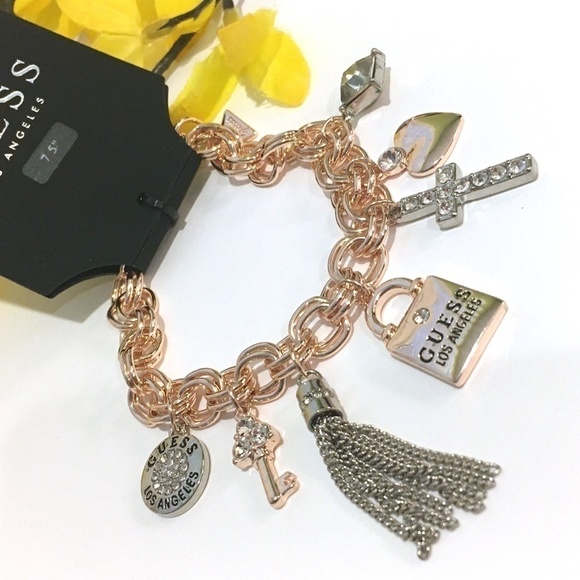 3/$29! GUESS Charm Bracelet Lock Key Cross Tassel - Picture 8 of 8